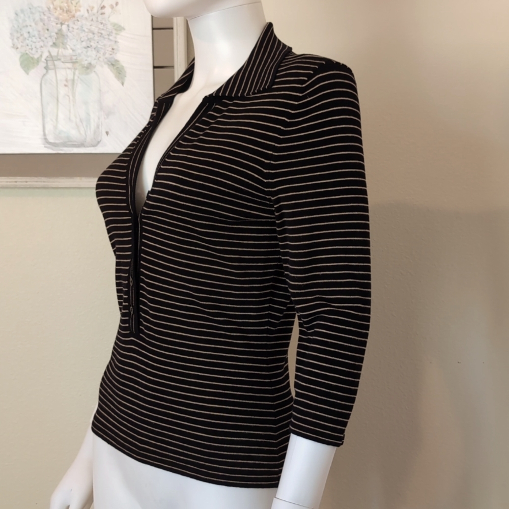 I•N•C International Concepts Black Tan Stripes V-neck ¾ Sleeve Knit Top SzM EUC